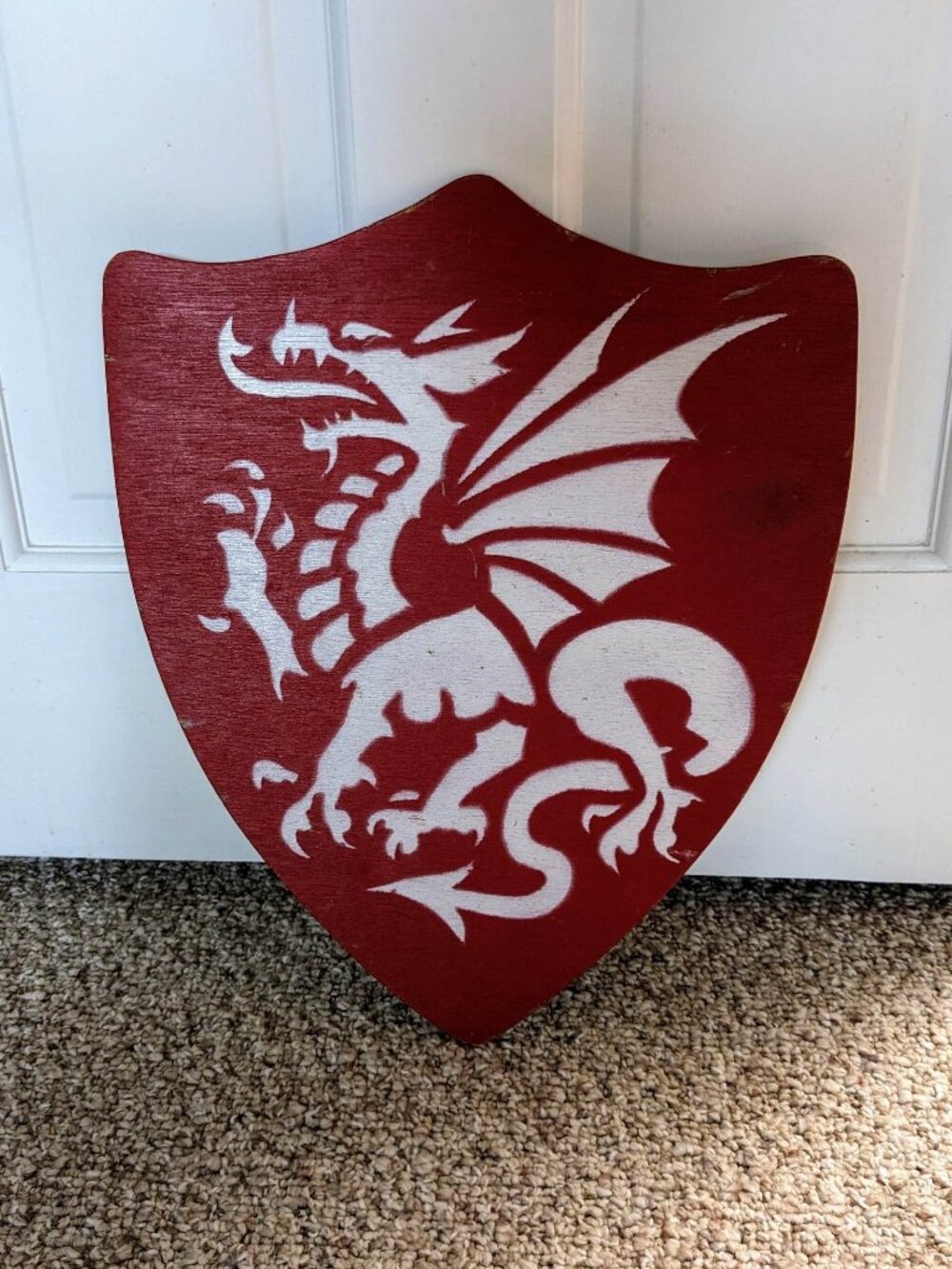 Wood Handmade Toy Wooden Shield with Dragon Stencil and Leather Handle